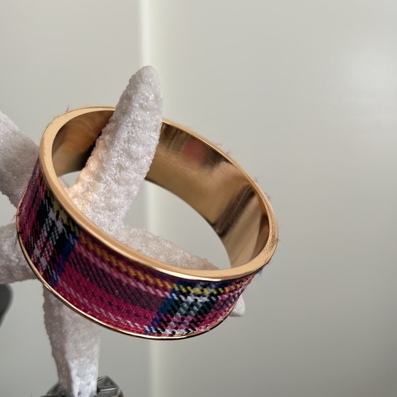 Gold Tone & Pink Plaid Bangle Bracelet - Picture 2 of 4